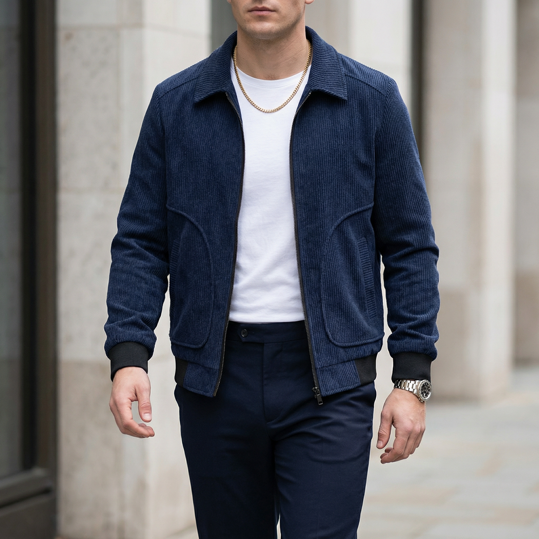Veste en velours côtelé pour homme avec fermeture zippée et poignets côtelés-Jacket Male-Gigié