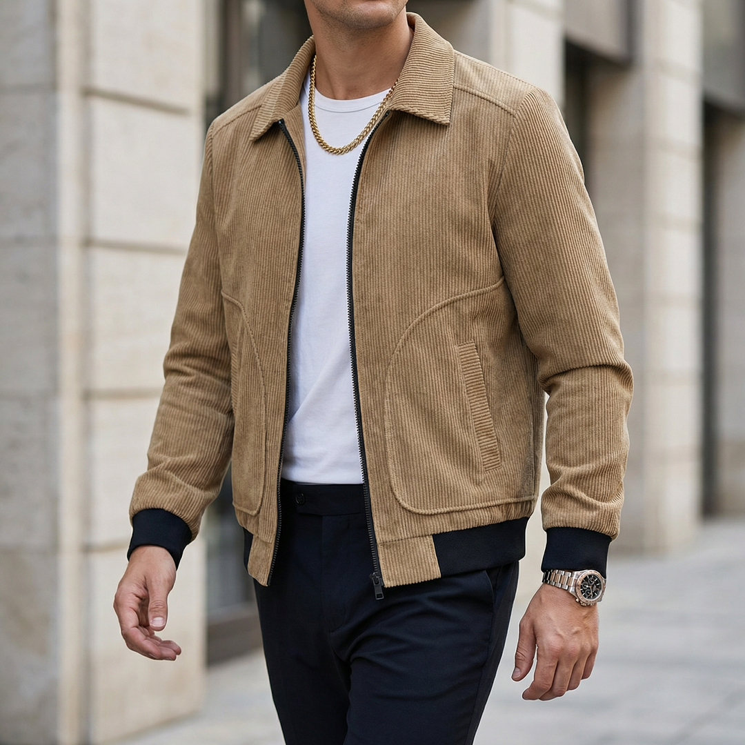 Veste en velours côtelé pour homme avec fermeture zippée et poignets côtelés-Jacket Male-Gigié
