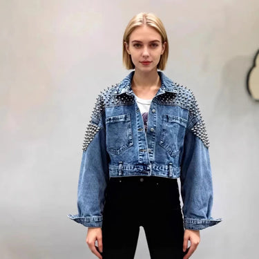 Veste Femme Courte en Denim avec Épaules à Clous-Jacket Female-Gigié
