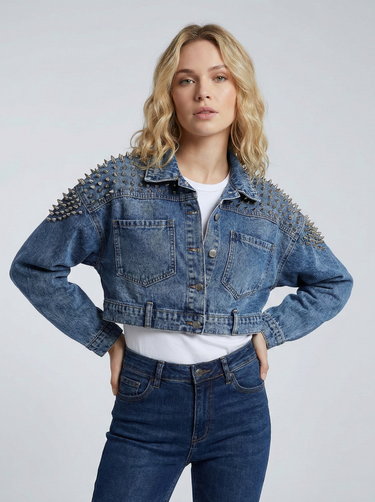 Veste Femme Courte en Denim avec Épaules à Clous-Jacket Female-Gigié