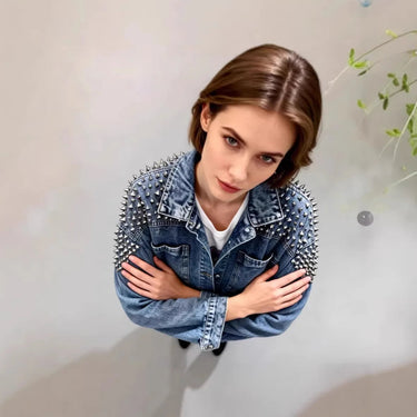 Veste Femme Courte en Denim avec Épaules à Clous-Jacket Female-Gigié