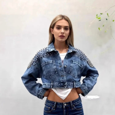 Veste Femme Courte en Denim avec Épaules à Clous-Jacket Female-Gigié
