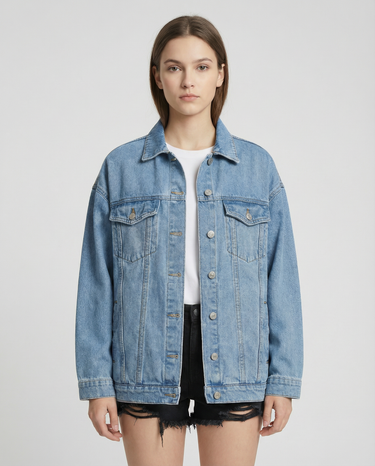Veste Femme en Denim avec Fermeture Boutonnée et Poches à Rabat en Partie Supérieure-Jacket Female-Gigié