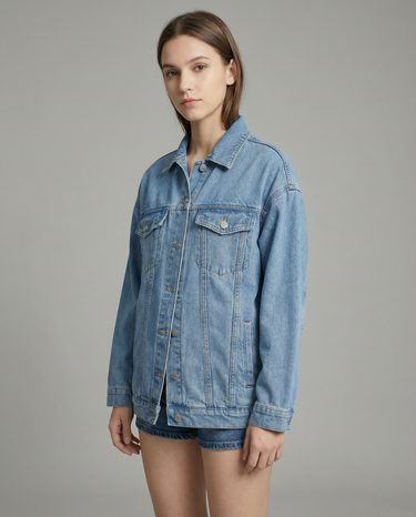 Veste Femme en Denim avec Fermeture Boutonnée et Poches à Rabat en Partie Supérieure-Jacket Female-Gigié