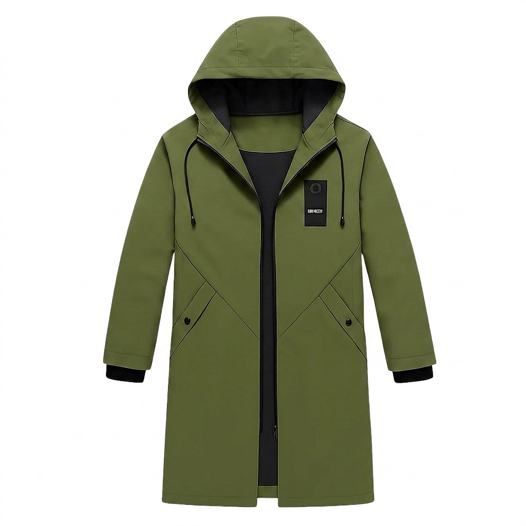 Veste longue à capuche pour homme avec cordon de serrage et fermeture éclair 1
