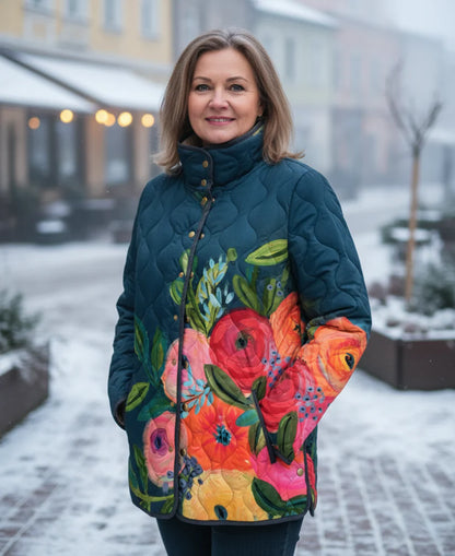 Veste Matelassée Femme Hiver Motif Fleuri Vintage-Gigié