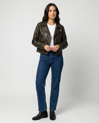 Veste Motard Femme avec Fermeture Zippée Asymétrique et Col à Revers-Jacket Female-Gigié