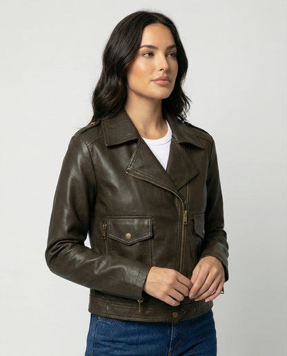 Veste Motard Femme avec Fermeture Zippée Asymétrique et Col à Revers-Jacket Female-Gigié