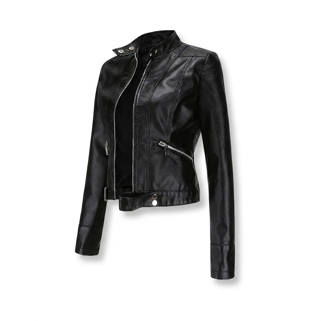 Veste motard pour femme avec col montant et fermetures éclair 1